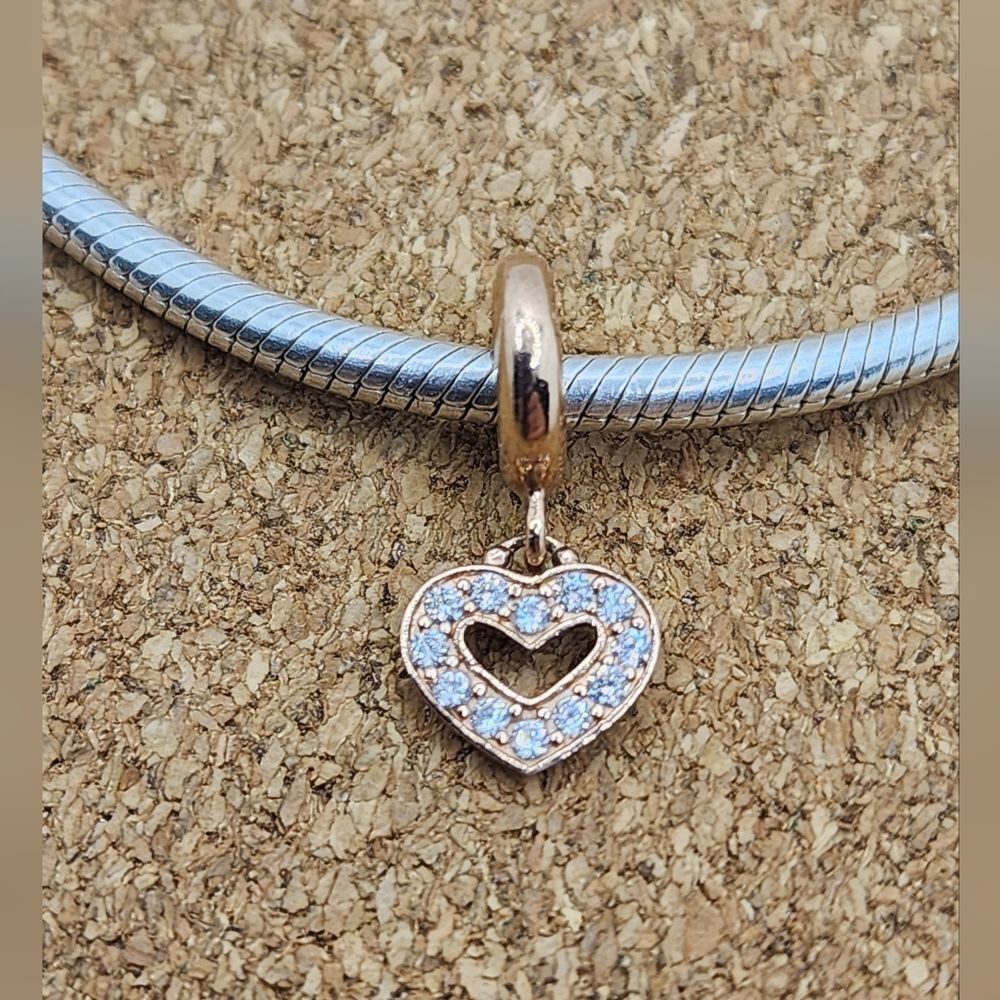 18K ROSE GOLD 925 STERLING SILVER CZ HEART DANGLE CHARM FOR PANDORA BRACELETS